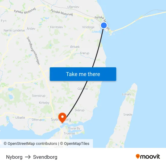 Nyborg to Svendborg map