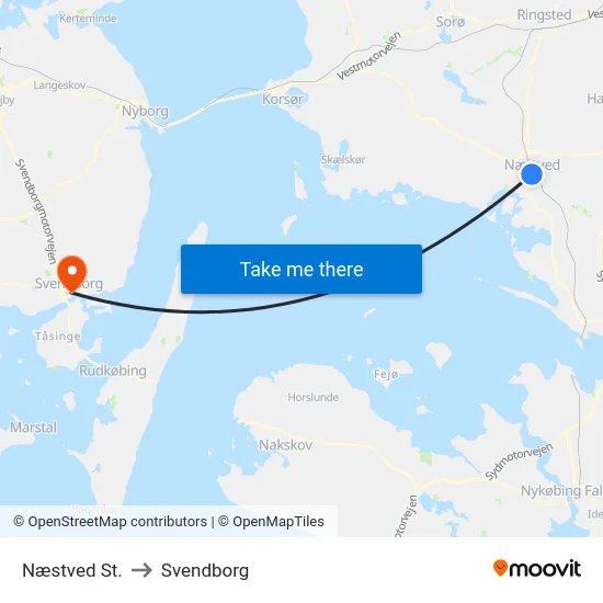 Næstved St. to Svendborg map