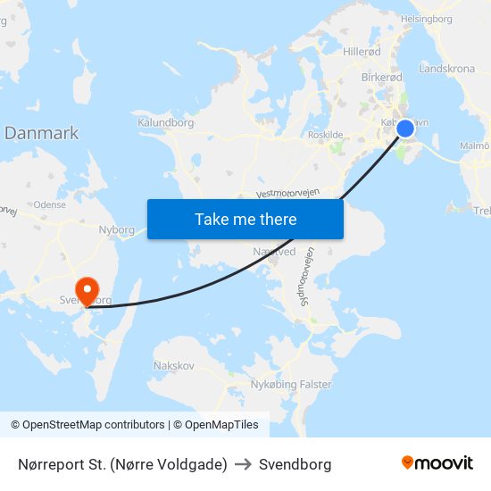 Nørreport St. (Nørre Voldgade) to Svendborg map