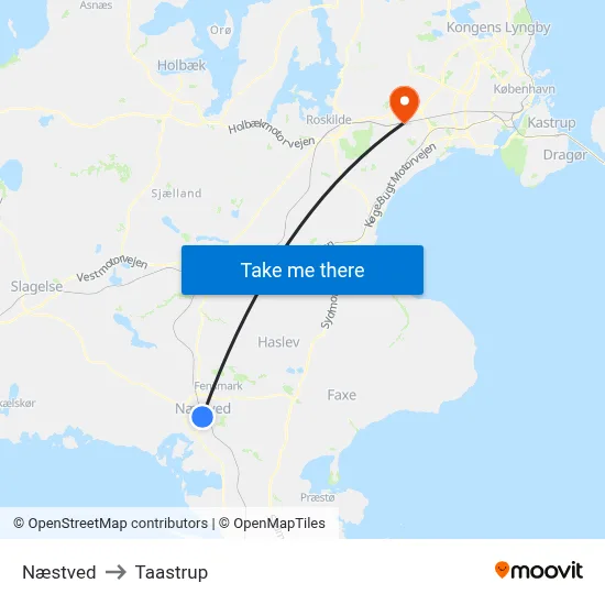 Næstved to Taastrup map