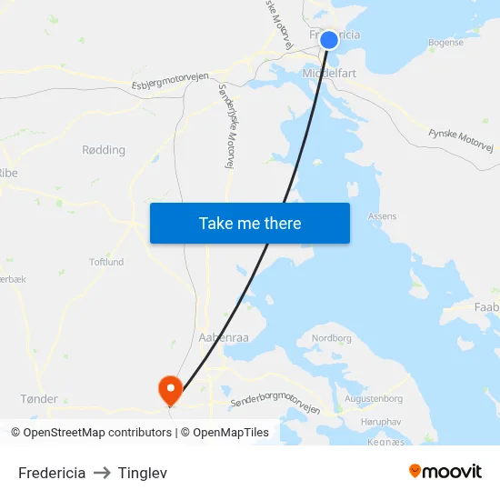 Fredericia to Tinglev map
