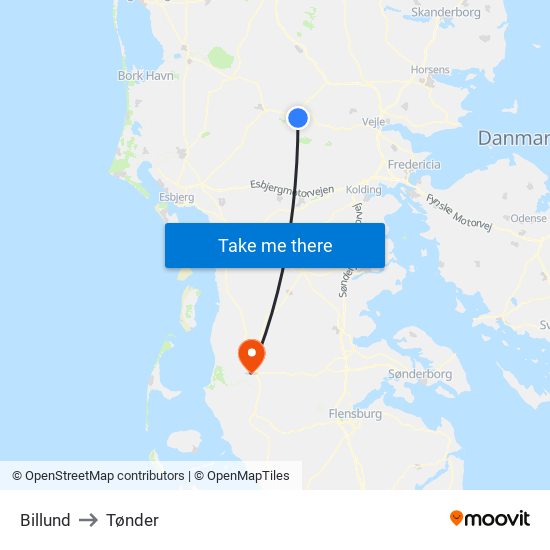 Billund to Tønder map