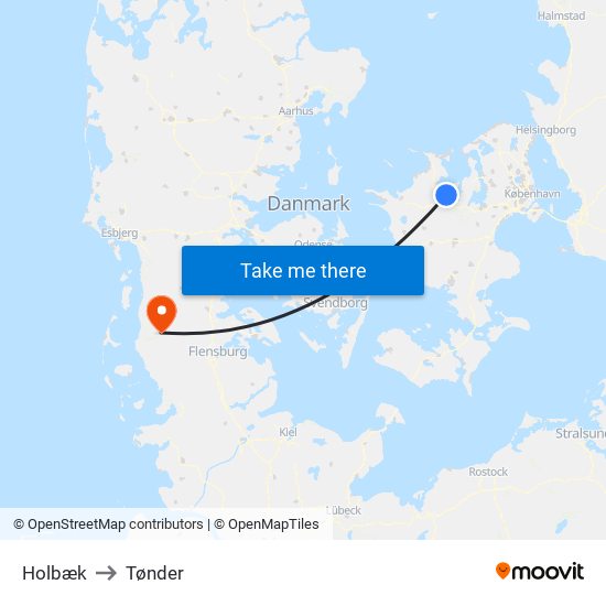 Holbæk to Tønder map