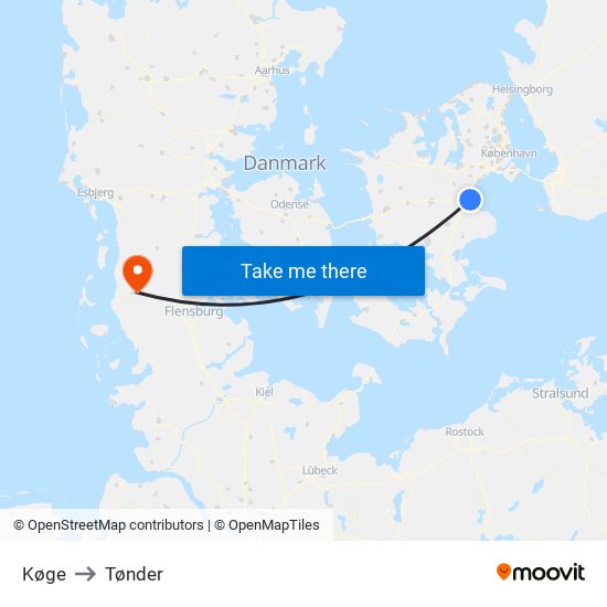 Køge to Tønder map