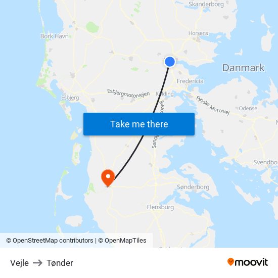 Vejle to Tønder map