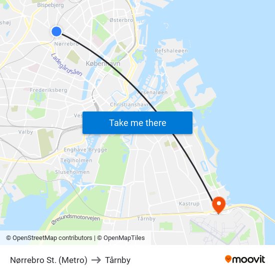 Nørrebro St. (Metro) to Tårnby map