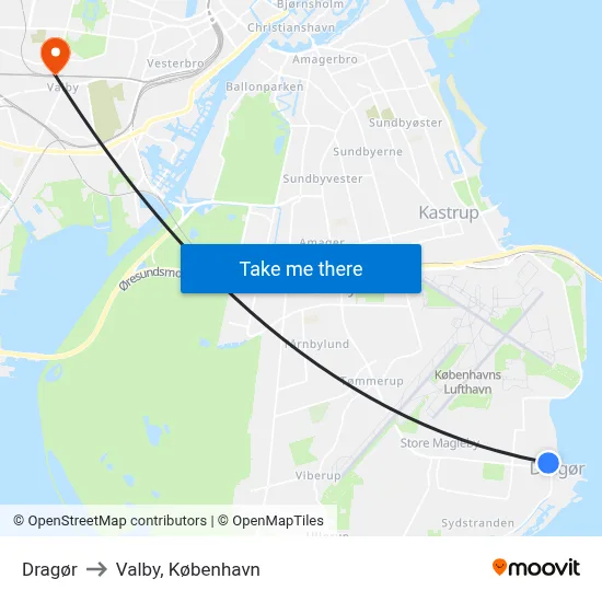 Dragør to Valby, København map