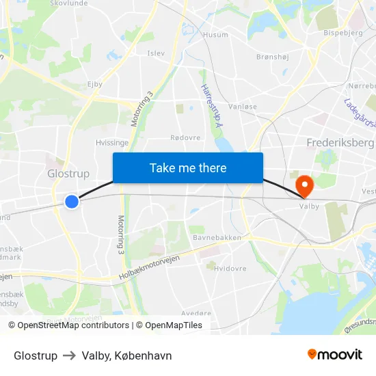 Glostrup to Valby, København map