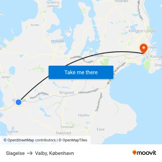 Slagelse to Valby, København map