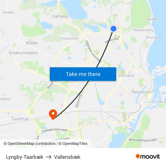 Lyngby-Taarbæk to Vallensbæk map