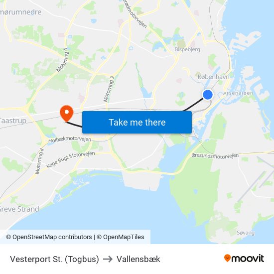 Vesterport St. (Togbus) to Vallensbæk map
