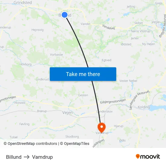 Billund to Vamdrup map