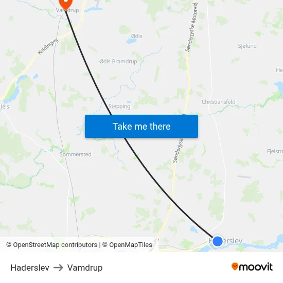Haderslev to Vamdrup map
