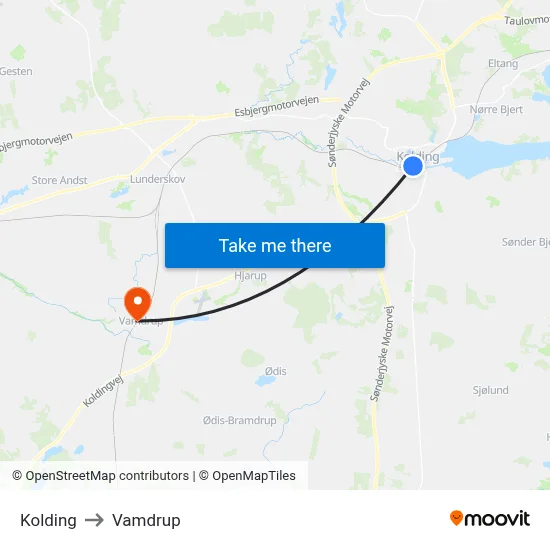 Kolding to Vamdrup map