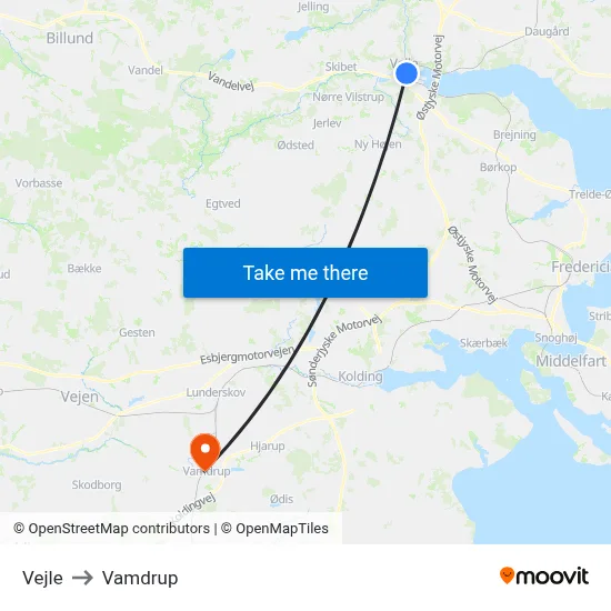 Vejle to Vamdrup map