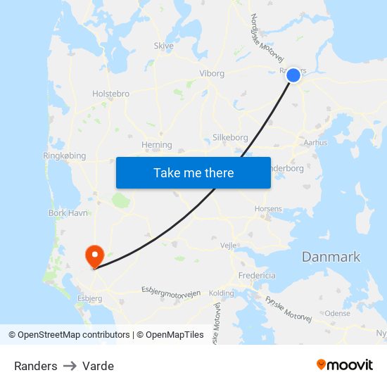 Randers to Varde map