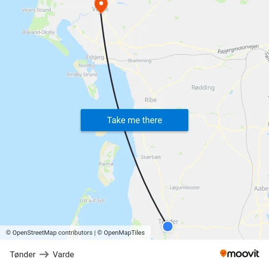 Tønder to Varde map