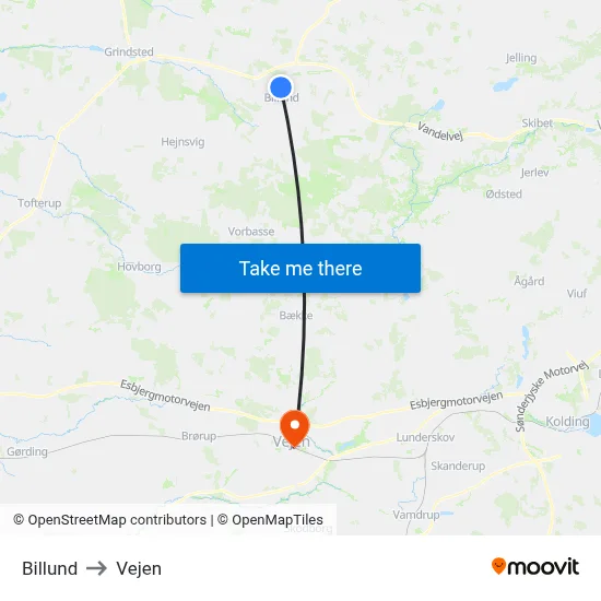 Billund to Vejen map