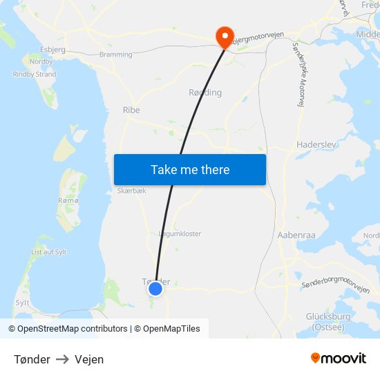 Tønder to Vejen map