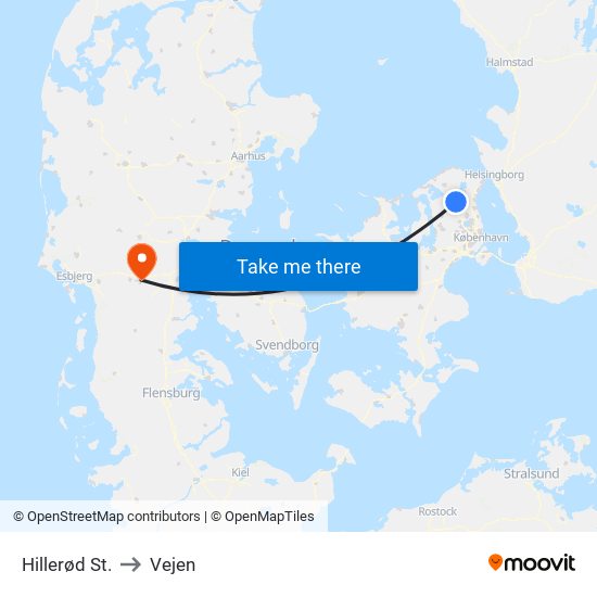 Hillerød St. to Vejen map