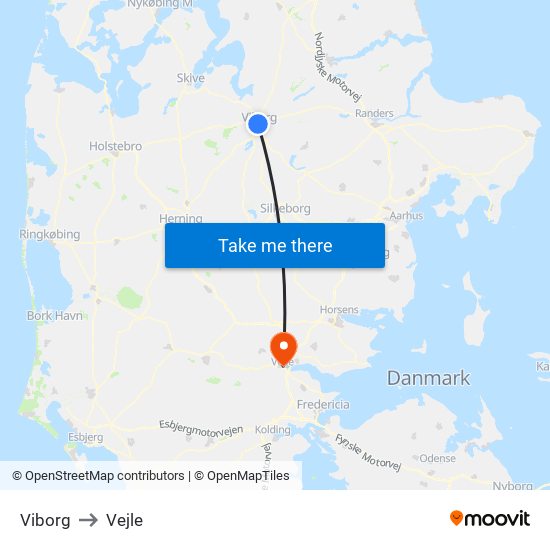 Viborg to Vejle map