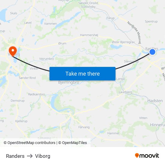 Randers to Viborg map