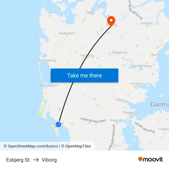 Esbjerg St. to Viborg map