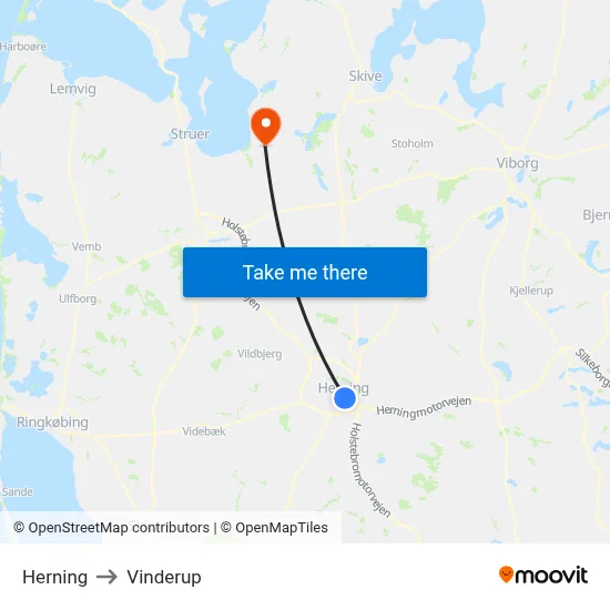 Herning to Vinderup map