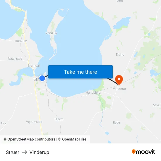 Struer to Vinderup map