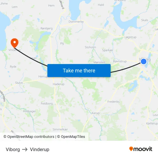 Viborg to Vinderup map