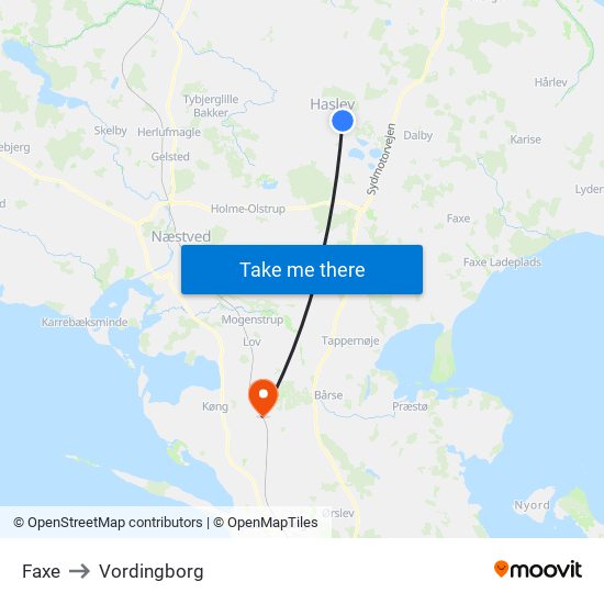 Faxe to Vordingborg map