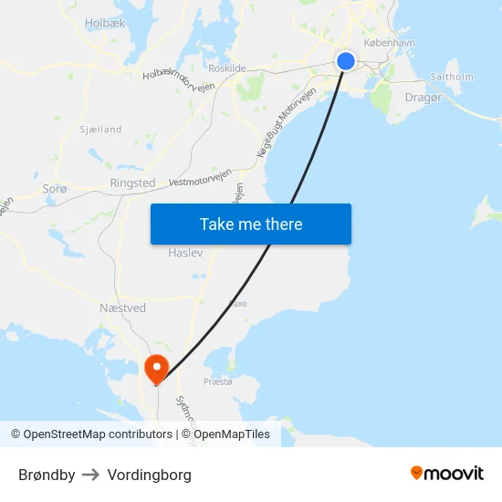 Brøndby to Vordingborg map