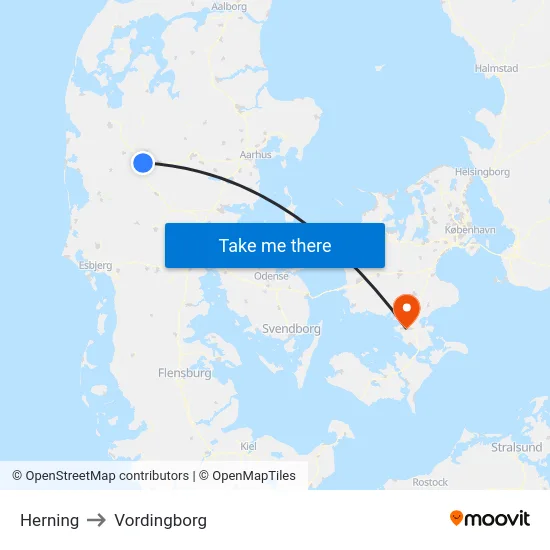 Herning to Vordingborg map