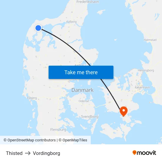 Thisted to Vordingborg map