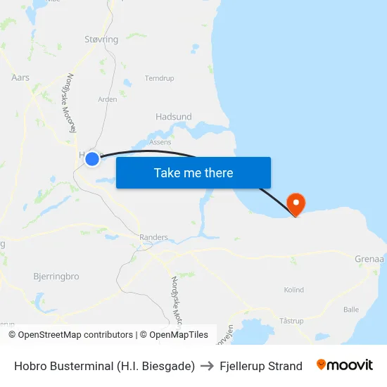 Hobro Busterminal (H.I. Biesgade) to Fjellerup Strand map