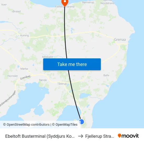 Ebeltoft Busterminal (Syddjurs Kom) to Fjellerup Strand map