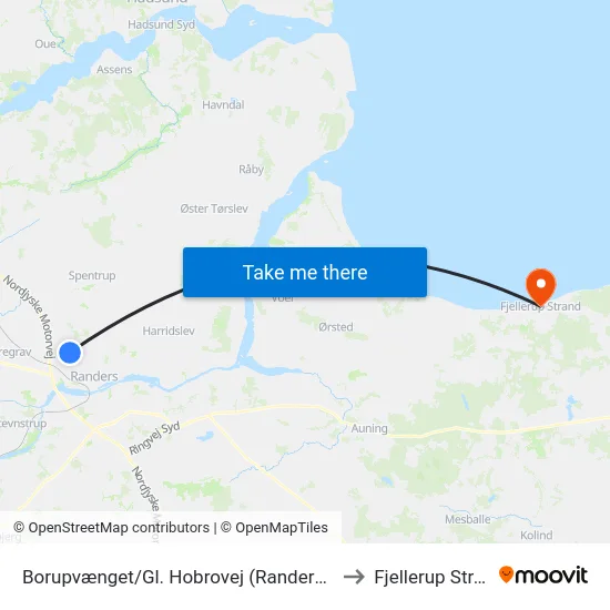 Borupvænget/Gl. Hobrovej (Randers Kom) to Fjellerup Strand map