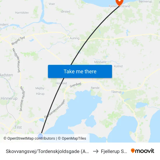 Skovvangsvej/Tordenskjoldsgade (Aarhus Kom) to Fjellerup Strand map