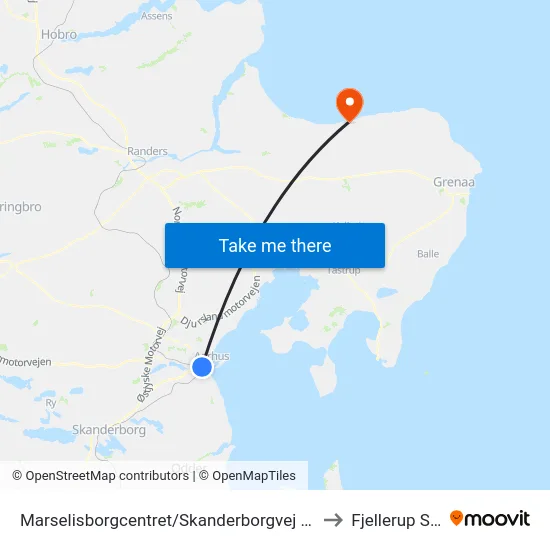 Marselisborgcentret/Skanderborgvej (Aarhus Kom) to Fjellerup Strand map