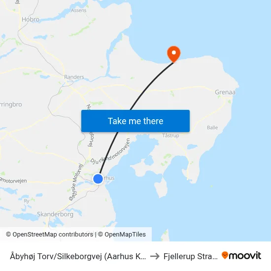 Åbyhøj Torv/Silkeborgvej (Aarhus Kom) to Fjellerup Strand map