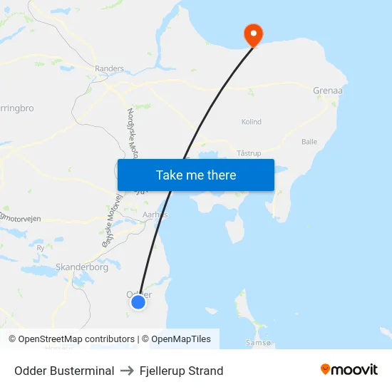 Odder Busterminal to Fjellerup Strand map