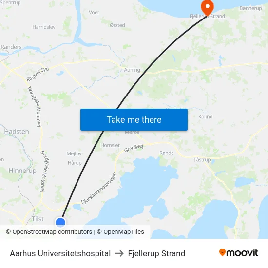 Aarhus Universitetshospital to Fjellerup Strand map