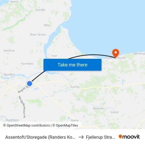 Assentoft/Storegade (Randers Kom) to Fjellerup Strand map