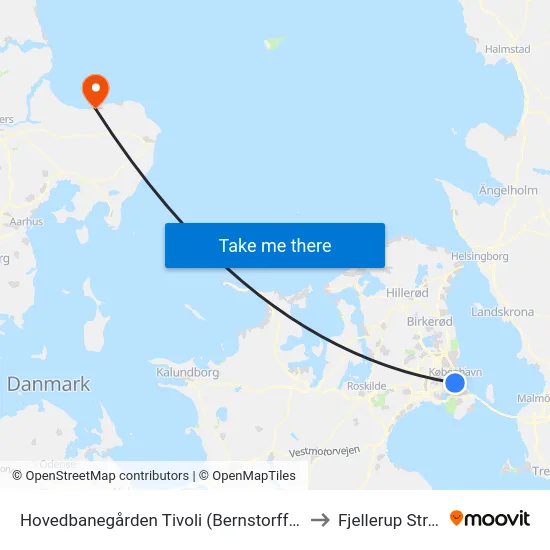 Hovedbanegården Tivoli (Bernstorffsgade) to Fjellerup Strand map