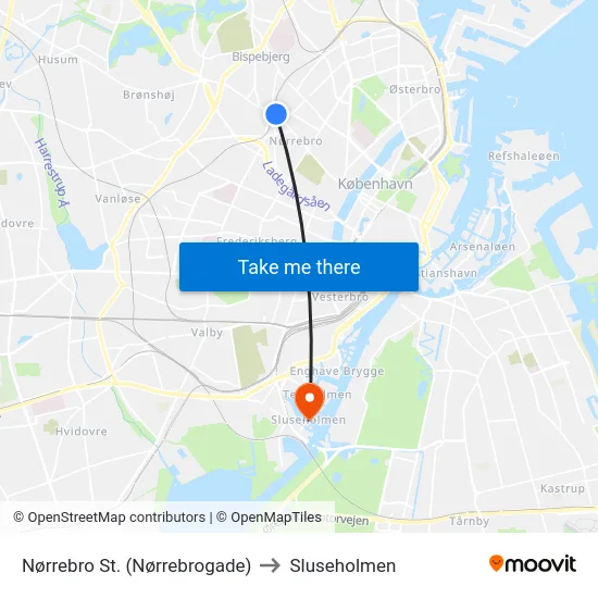 Nørrebro St. (Nørrebrogade) to Sluseholmen map