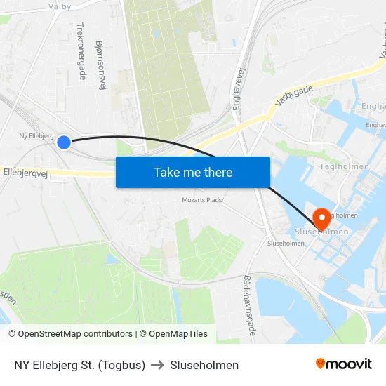 NY Ellebjerg St. (Togbus) to Sluseholmen map