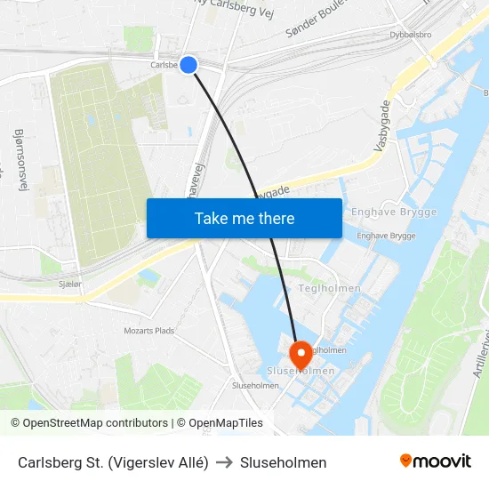 Carlsberg St. (Vigerslev Allé) to Sluseholmen map