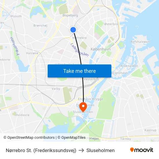 Nørrebro St. (Frederikssundsvej) to Sluseholmen map