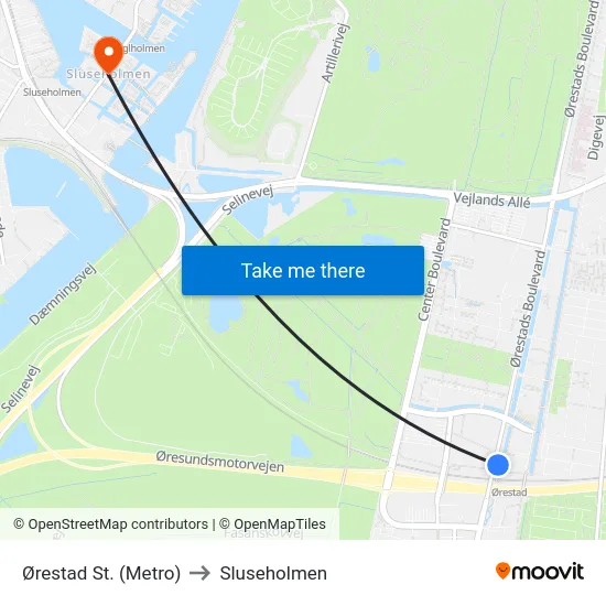 Ørestad St. (Metro) to Sluseholmen map