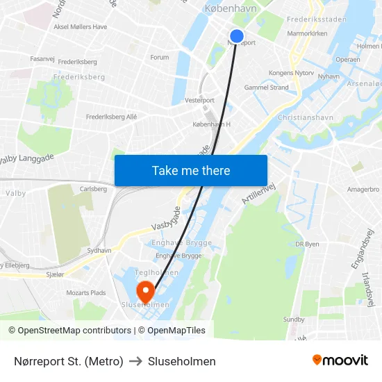 Nørreport St. (Metro) to Sluseholmen map